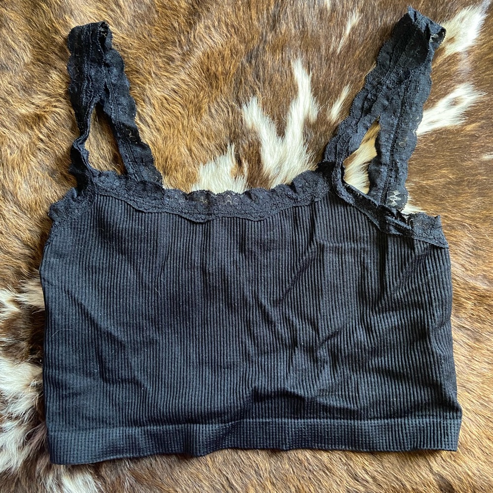 Black Lace Trim Ribbed Tank Top
